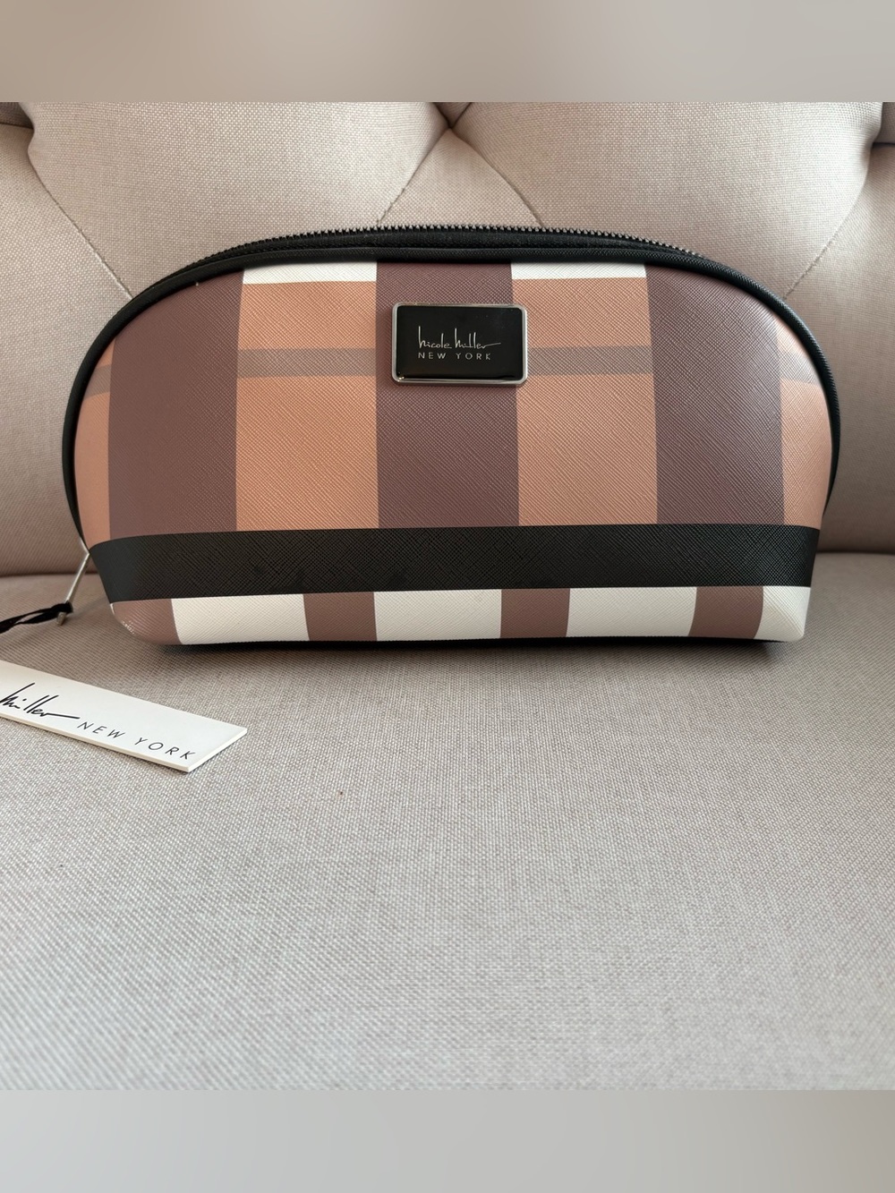 Nicole Miller New York Striped Cosmetic Bag - Brown & White